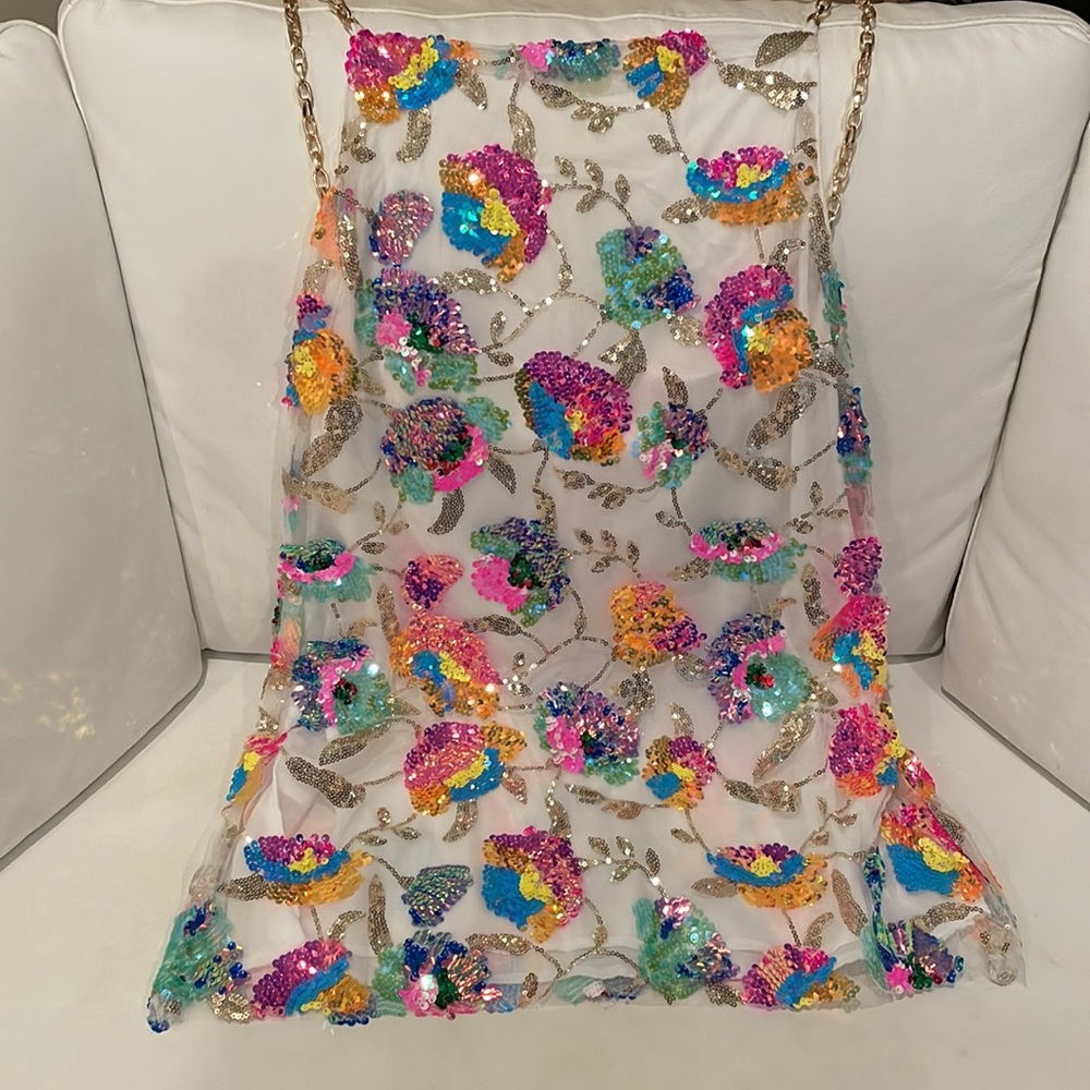 multicolor sequin gold chain strap mini sheath party dress white new with tag S - Picture 11 of 12
